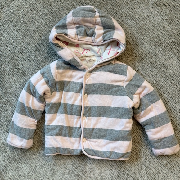 Burt’s Bees Baby Reversible Hooded Jacket 2T Gray Pink Stripe Alphabet Bees - Picture 1 of 6